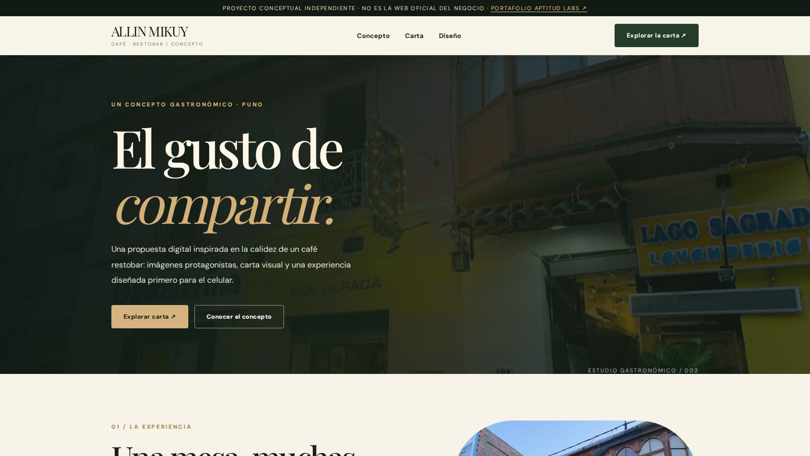 Captura real de la web conceptual Allin Mikuy Café Restobar